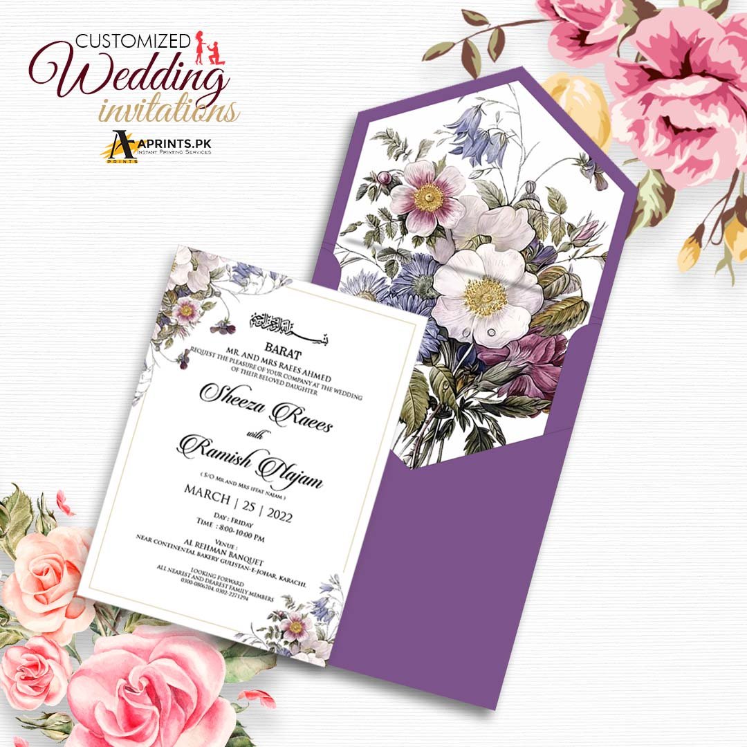 8 Pearl Purple Floral Themed Wedding Card - Image 1
